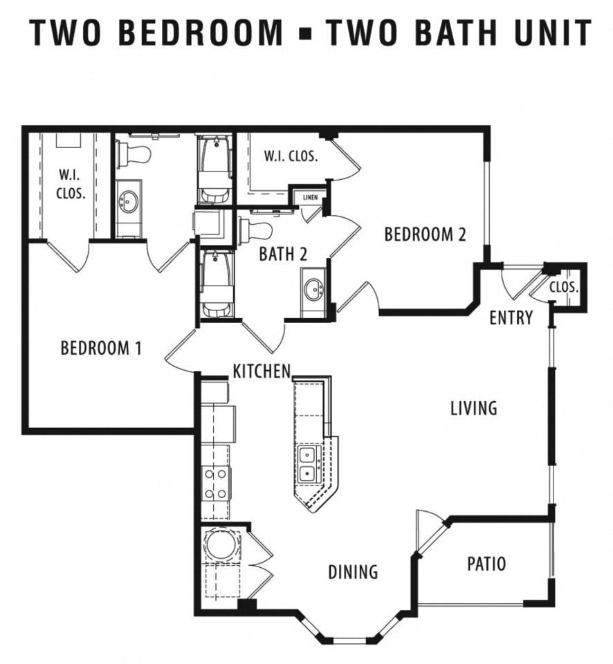 Floor plan for 2 beds, 2 baths, 1074 sqft